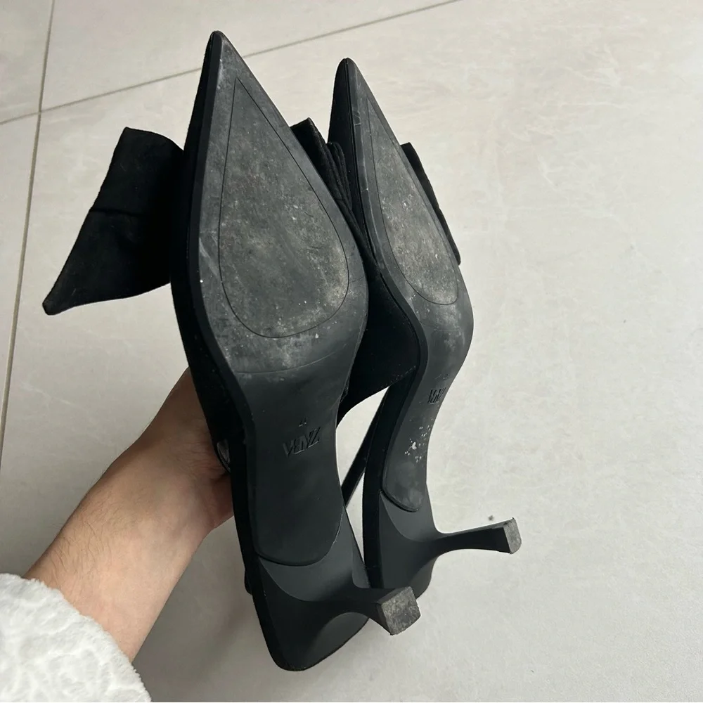 Zara Black Bow Pointed Toe Slingback Kitten Heels / Size 37 - Picture 5 of 9
